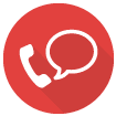 Icono de círculo rojo con un receptor de teléfono blanco y una burbuja de diálogo.