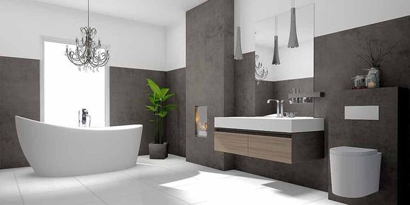 Ein Badezimmer mit Badewanne, Waschbecken, Toilette und Spiegel.