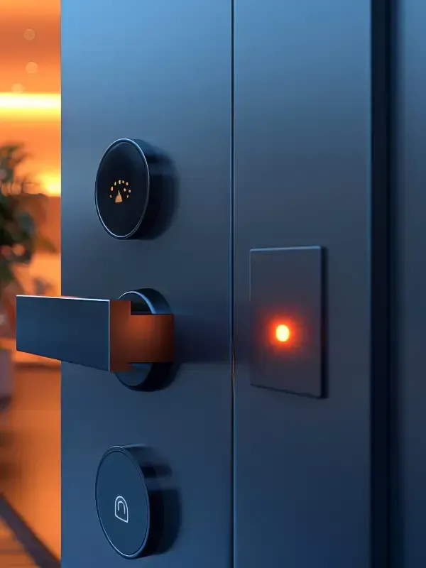 Puerta azul oscuro con cerradura inteligente, manija y panel de acceso; luz roja iluminada.