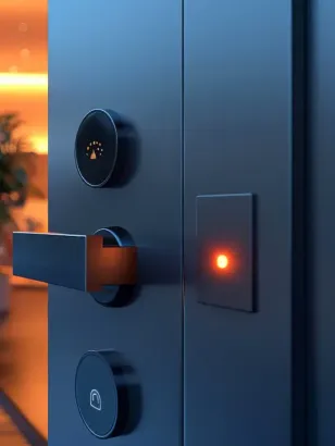 Puerta azul oscuro con cerradura inteligente, manija y panel de acceso; luz roja iluminada.