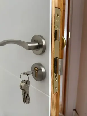 Puerta con manija y cerradura de níquel cepillado, con llaves en la cerradura. Pestillo dorado en el marco.