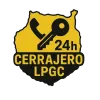Logotipo de cerrajer&iacute;a amarillo y negro con tel&eacute;fono, llave y la frase "24h". Texto: "CERRAJERO LPGC".