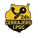 Logotipo de cerrajer&iacute;a amarillo y negro con tel&eacute;fono, llave y la frase "24h". Texto: "CERRAJERO LPGC".