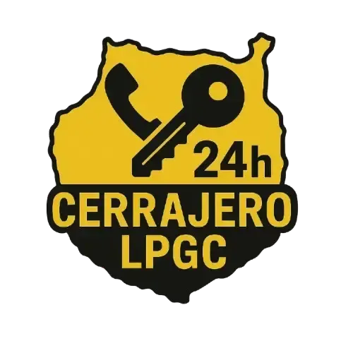 Logotipo de cerrajería amarillo y negro con teléfono, llave y la frase "24h". Texto: "CERRAJERO LPGC".