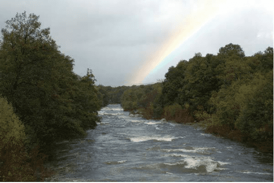 Se ve un arcoíris sobre un río rodeado de árboles.