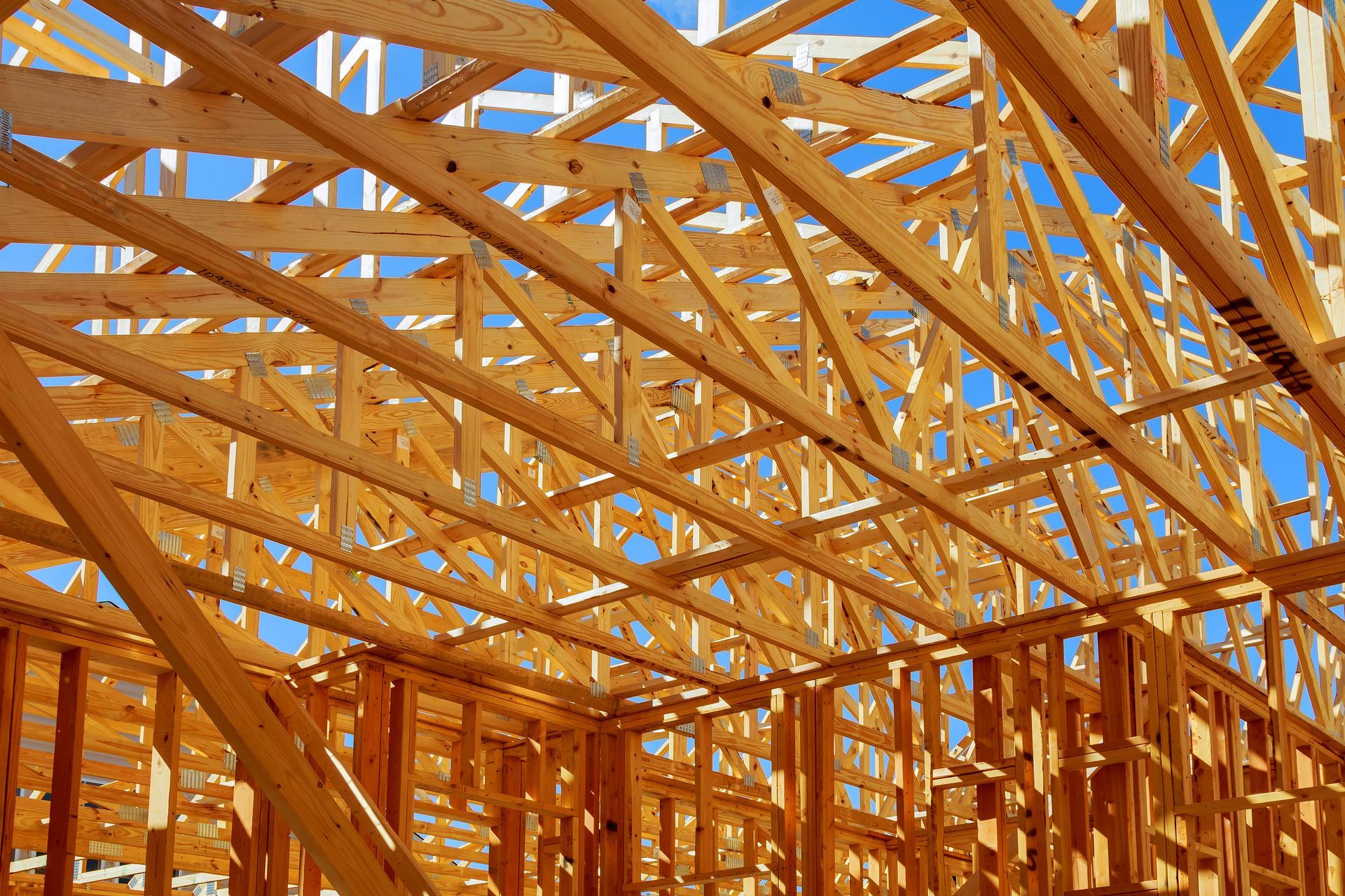 La charpente en bois d'un bâtiment en construction.