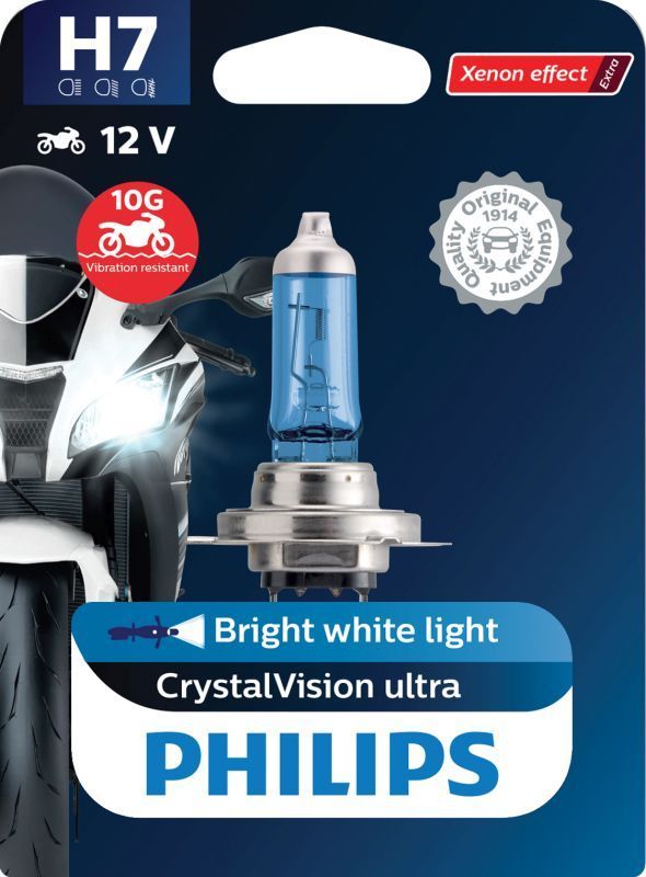 Paquete de bombillas para faros delanteros Philips H7 CrystalVision ultra azules con gráfico de motocicleta.
