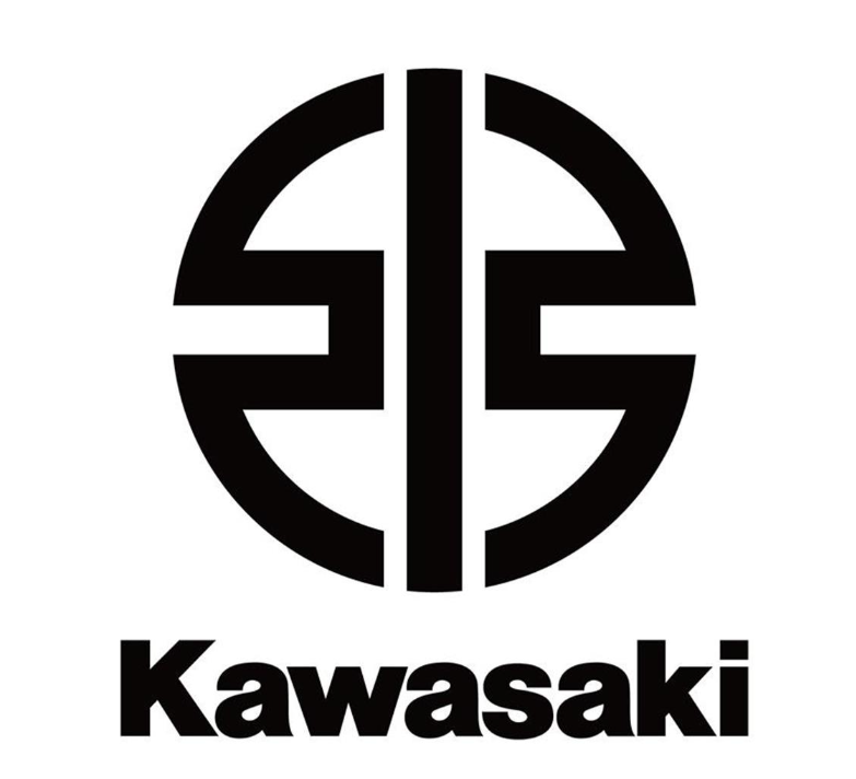 Logotipo negro de Kawasaki: un emblema estilizado dentro de un círculo con el texto “Kawasaki” debajo.
