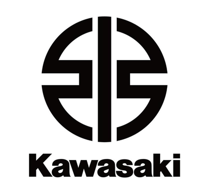 Logotipo negro de Kawasaki: un emblema estilizado dentro de un círculo con el texto “Kawasaki” debajo.