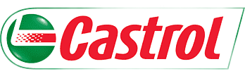 Logotipo de Castrol, texto rojo, forma ovalada verde y blanca con símbolo.