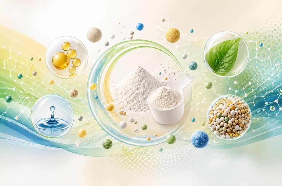 Polvo cosmético verde y blanco se arremolina con hojas, burbujas e iconos de ingredientes naturales sobre un fondo brillante.