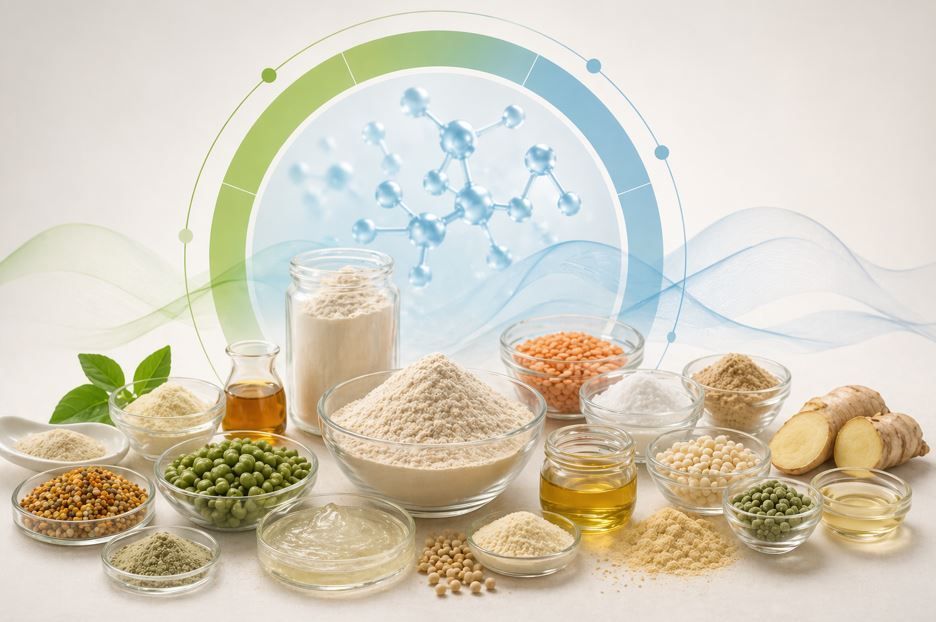 Surtido de ingredientes naturales y polvos en recipientes de vidrio con un fondo gráfico de ciencia molecular.
