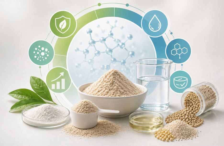 Ingredientes ecológicos para el cuidado de la piel con extractos de plantas, aceites y cereales en envases blancos y verdes.