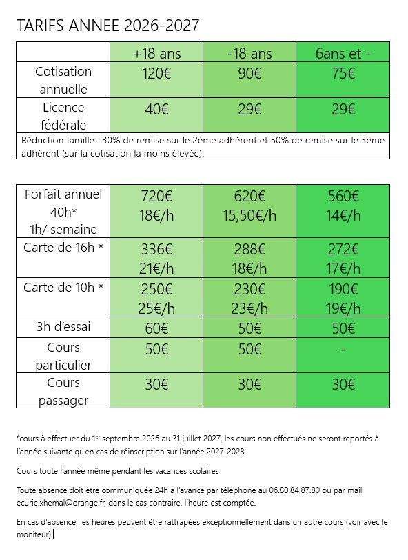 Tarifis année 2025-2026