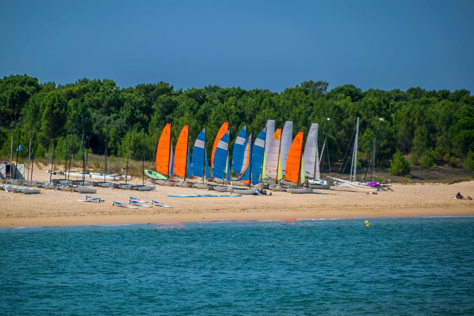 Des bateaux avec des voiles colorées sur une plage.