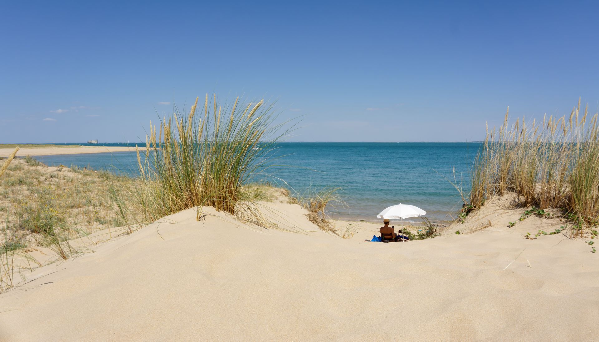 Une femme sous un parasol sur une plage avec la mer en fond.
