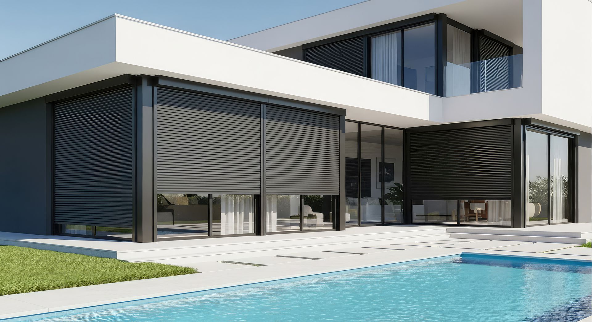 Extérieur de bâtiment moderne avec des fenêtres à persiennes blanches et une pelouse verte à côté.