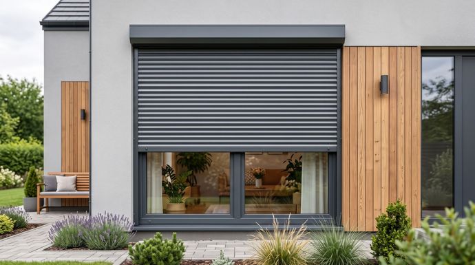 Extérieur d’une maison moderne avec façade grise, du bardage bois et volet roulant