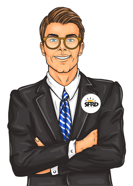 Illustration d'une personne en costume, portant des lunettes, les bras croisés, une cravate bleue et un badge de SFRD.