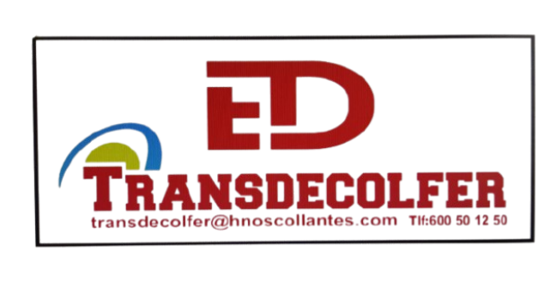 Logotipo para Transdecolfer: "ED" rojo sobre texto "TRANSDECOLFER" rojo, arco azul/verde, fondo blanco, correo electrónico/teléfono.