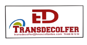 Logotipo para Transdecolfer: "ED" rojo sobre texto "TRANSDECOLFER" rojo, arco azul/verde, fondo blanco, correo electrónico/teléfono.