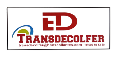 Logotipo para Transdecolfer: "ED" rojo sobre texto "TRANSDECOLFER" rojo, arco azul/verde, fondo blanco, correo electrónico/teléfono.