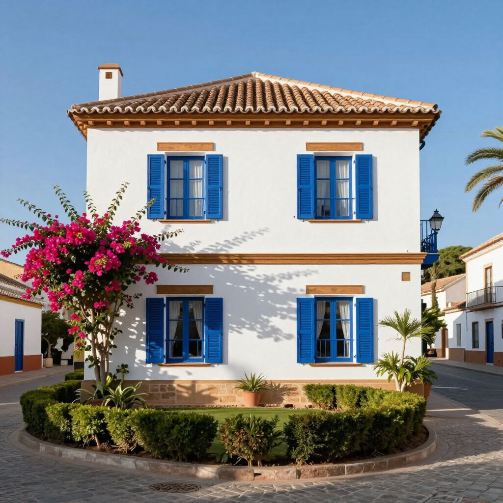 Casa mediterránea blanca con contraventanas azules, buganvillas rosas y techo de tejas en una soleada esquina de la calle.