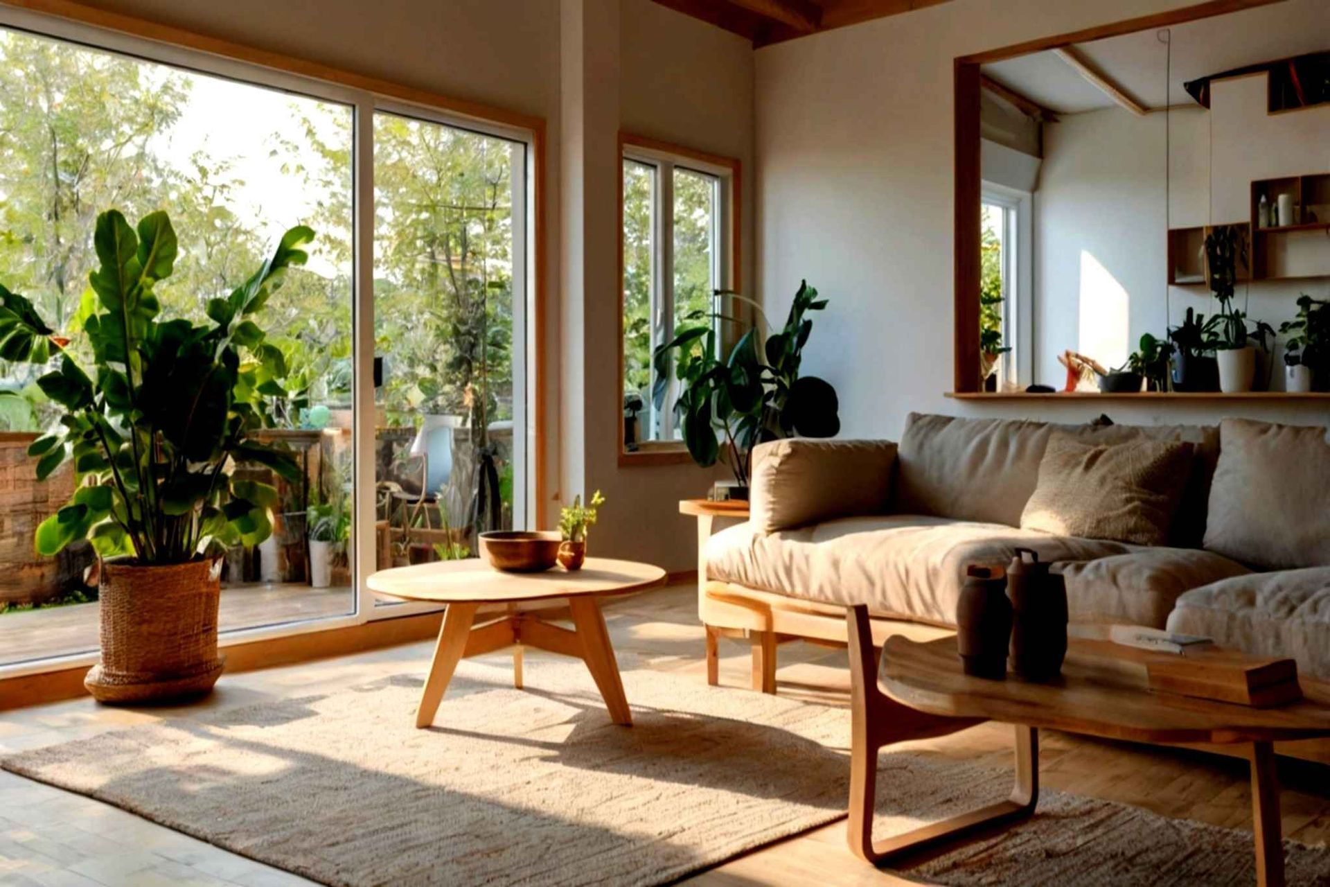 Acogedora sala de estar con grandes ventanales, sofá beige, mesas de centro de madera y plantas en macetas.