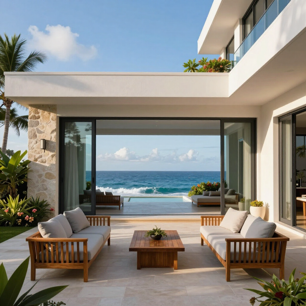 Patio moderno frente al mar con asientos de madera, vista al océano y puertas corredizas abiertas.