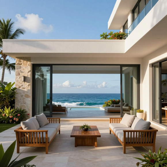 Patio moderno frente al mar con asientos de madera, vista al océano y puertas corredizas abiertas.