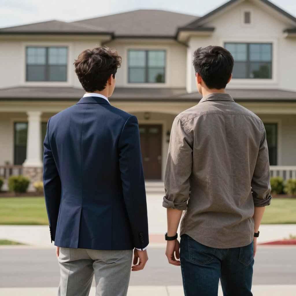 Dos personas están de pie frente a una casa suburbana con exterior beige y grandes ventanales frontales.