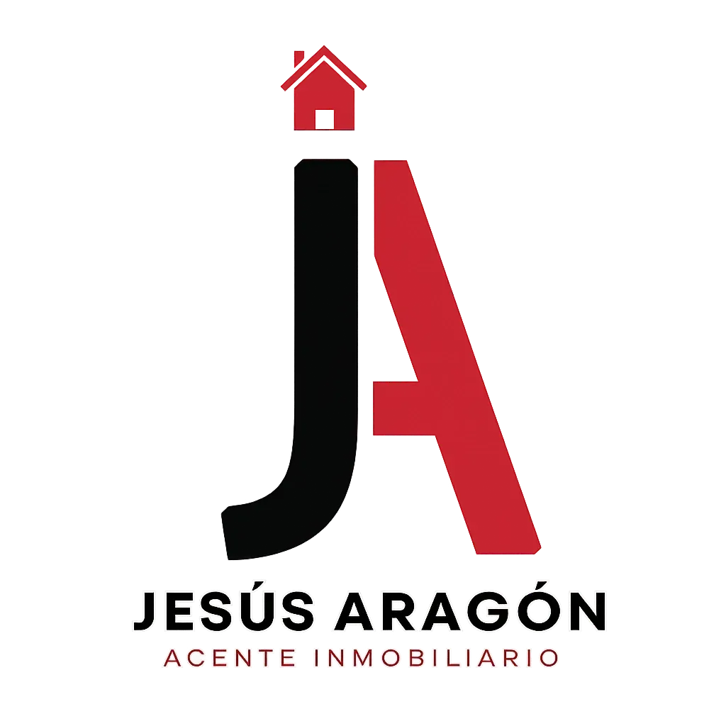 Logo de Jesús Aragón, agente inmobiliario, en negro y rojo con un icono de casa