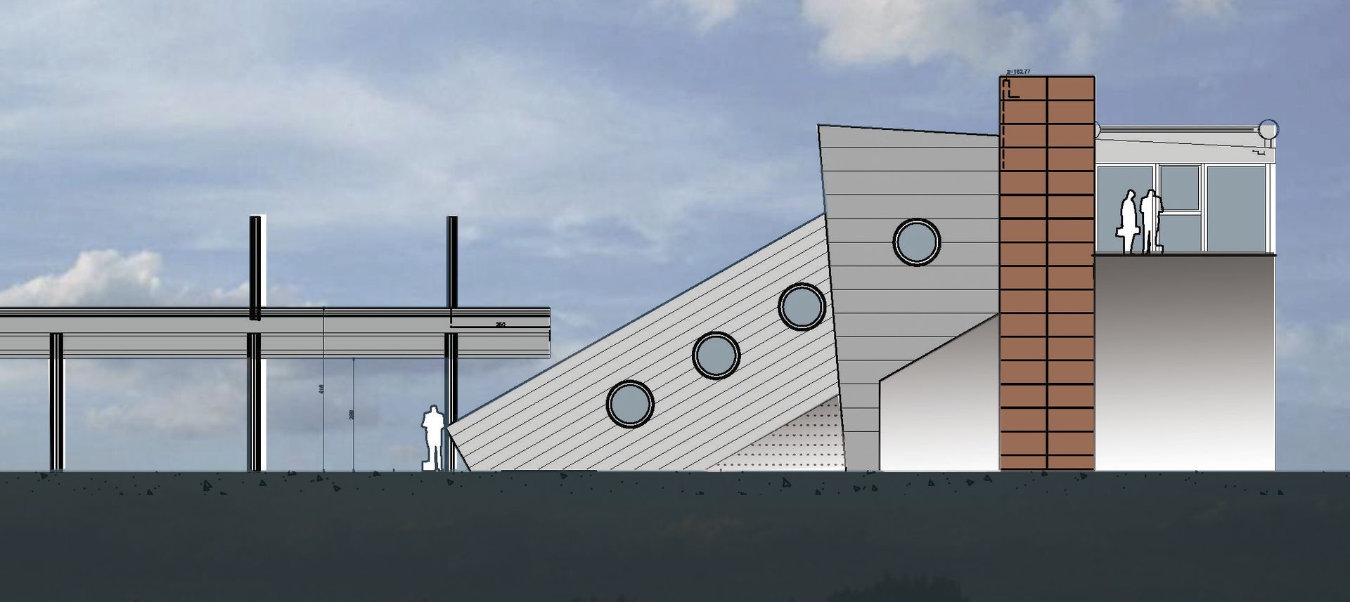 Croquis de la passerelle de la gare vue de l'extérieur
