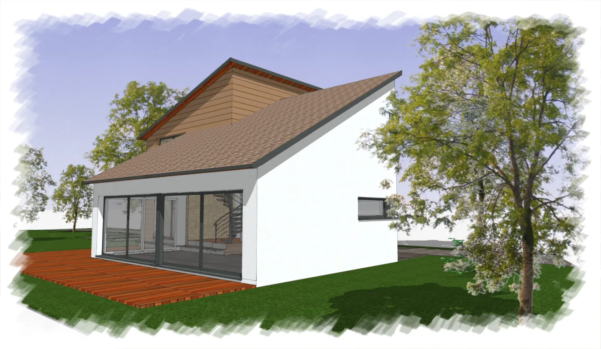 Maison individuelle en croquis vu de l'extérieur