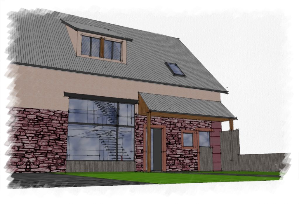 Croquis d'un extérieur de maison avec pierre