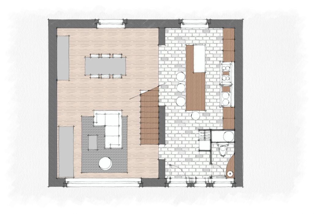 Croquis vu d'en haut d'une pièce de vie