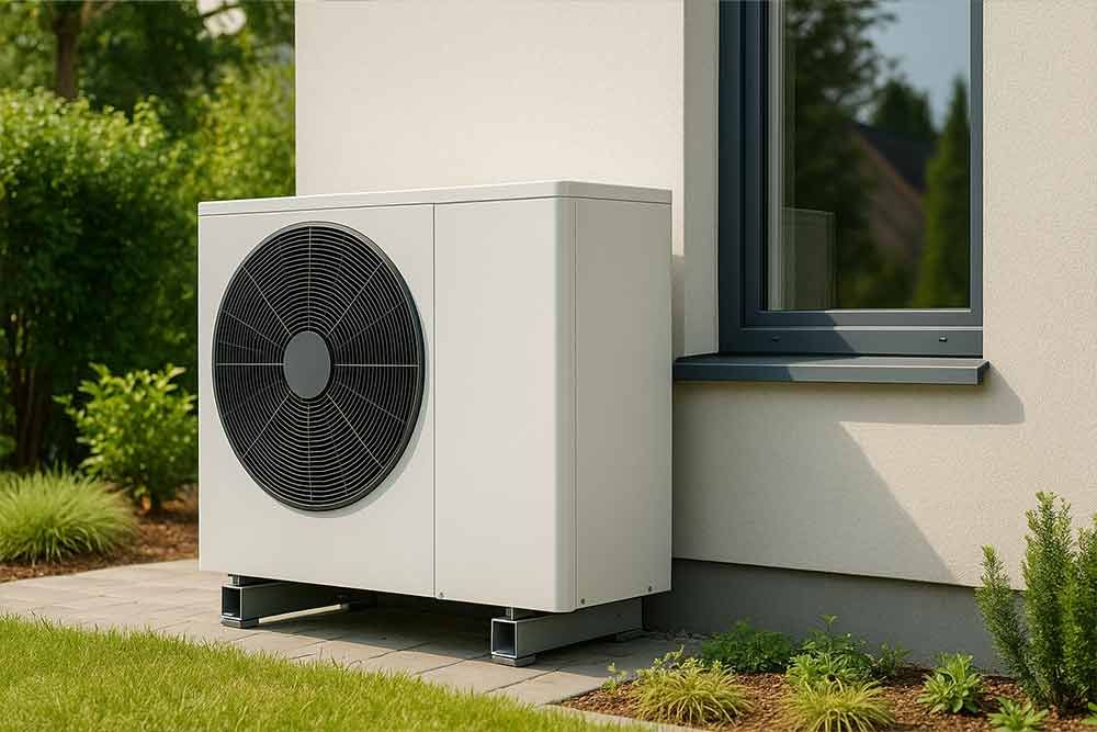 Eine weiße Klimaanlage steht an der Seite eines Hauses neben einem Fenster.