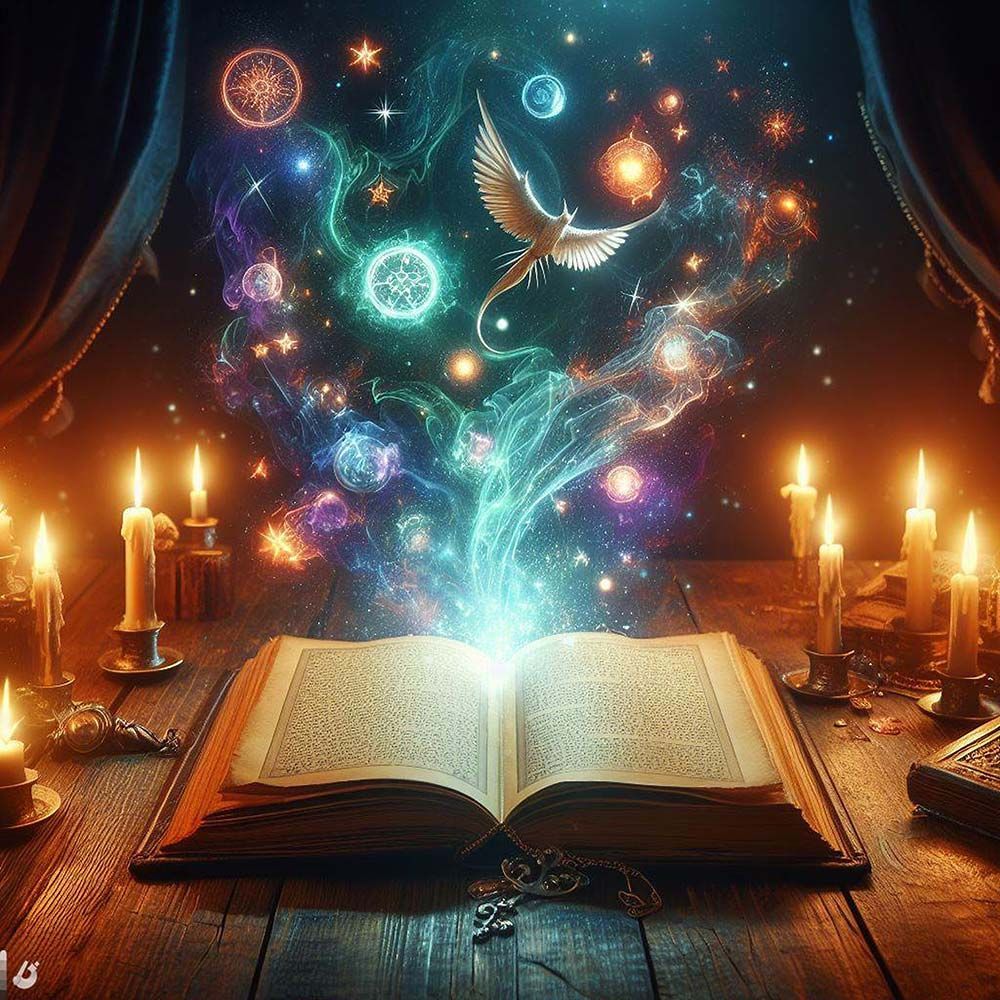Un libro abierto sobre una mesa de madera con velas y un pájaro volando fuera de él.