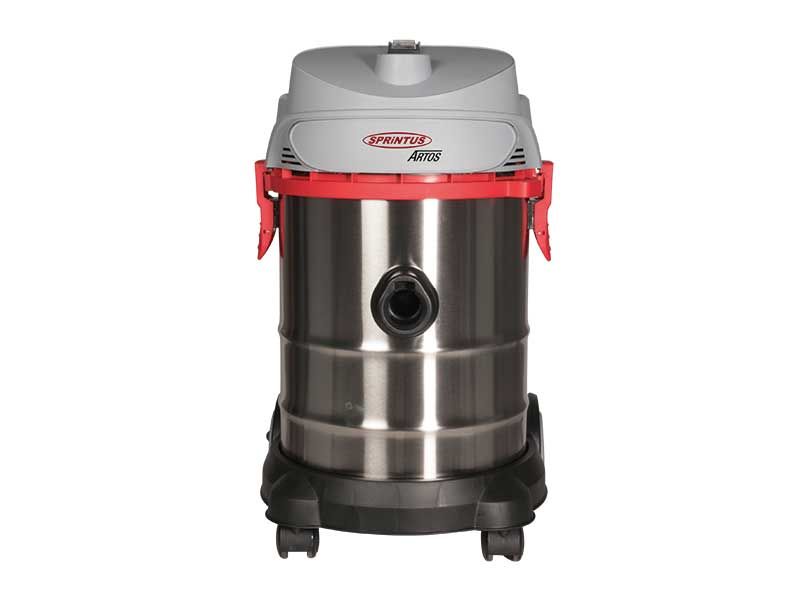 Ein Staubsauger aus Edelstahl mit Rädern auf weißem Hintergrund.