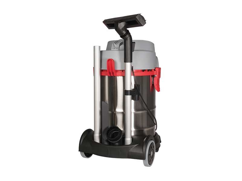 Ein Staubsauger steht auf einem Wagen auf einem weißen Hintergrund.