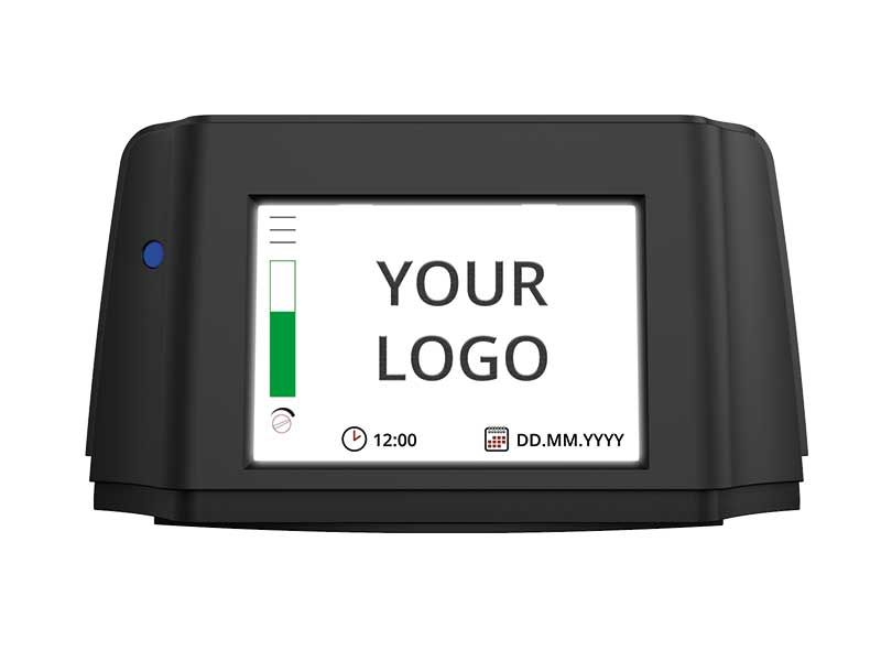 Ein schwarzes Gerät mit einem Bildschirm mit der Aufschrift „Ihr Logo“.