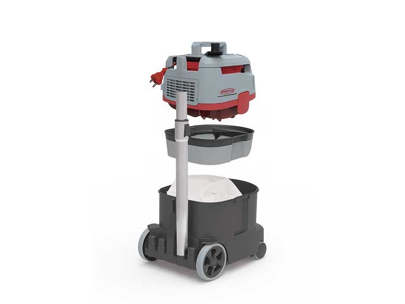 Auf einem weißen Hintergrund wird ein Staubsauger zerlegt.