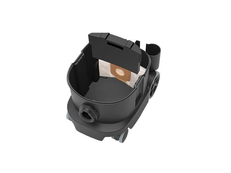 Ein schwarzer Staubsauger mit einem Beutel darin auf einem weißen Hintergrund.