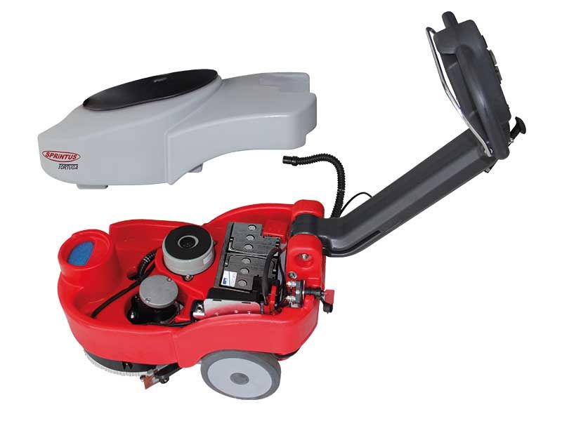 Eine rot-graue Maschine mit geöffnetem Deckel auf weißem Hintergrund.