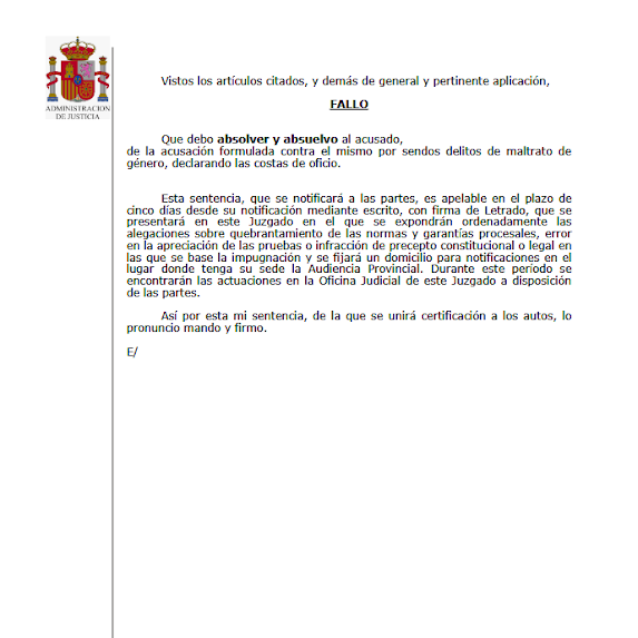 Página de un documento legal español procedente de un tribunal, con escudos en la parte superior e inferior y texto que detalla una resolución judicial.