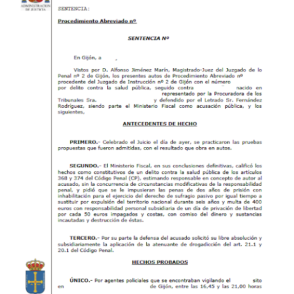Documento jurídico del Juzgado Penal nº 2 de Gijón, que muestra el escudo de armas de Asturias y un texto relativo a una sentencia.