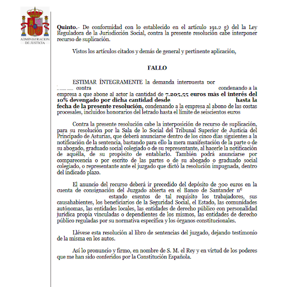 Página de un documento legal español procedente de un tribunal, con escudos en la parte superior e inferior y texto que detalla una resolución judicial.