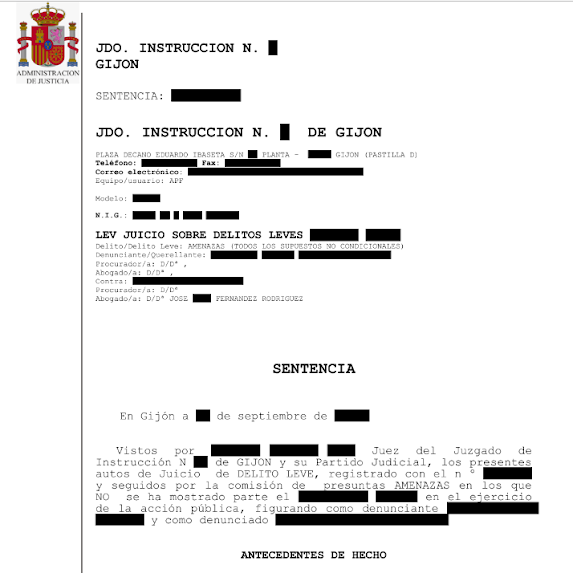 Documento judicial español con sello oficial y texto parcialmente censurado.