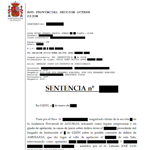 Documento judicial español titulado “SENTENCIA n°”, con detalles del texto tachados.