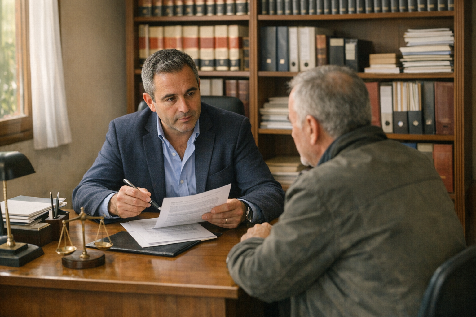 Dos hombres en una oficina con paneles de madera revisando un documento en un escritorio.
